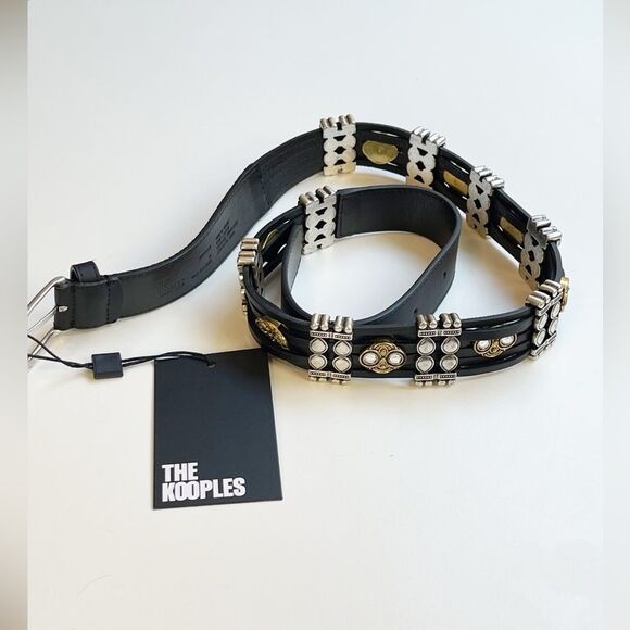 The Kooples black Leather embellished silver, gold, crystals Belt with rivets - Picture 10 of 12